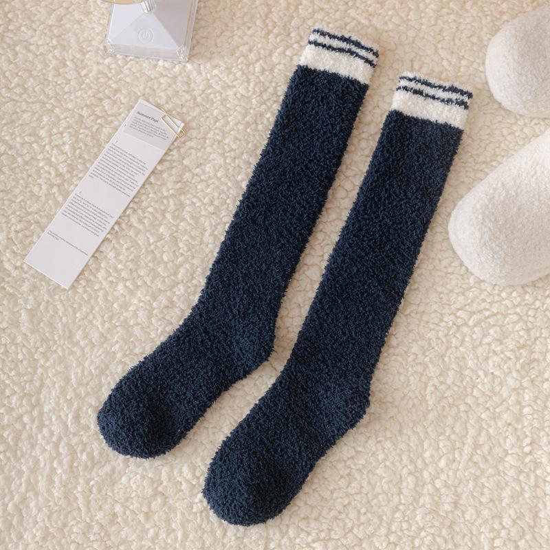 

Winter Coral Fleece Socks Women S Thickened Home Sleeping Socks Two Bars Stockings Calf Socks Stockings Non-Shedding Floor One size fits all темно-синий