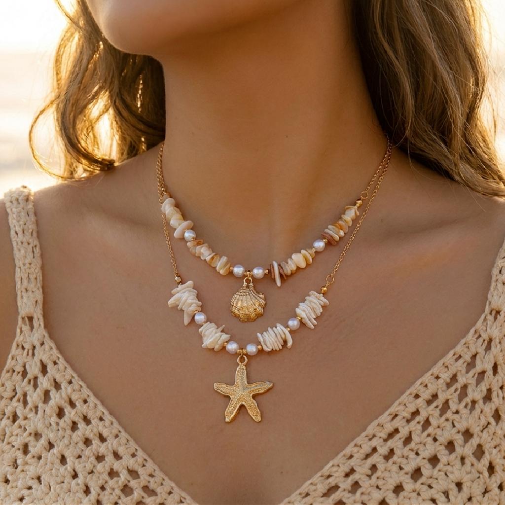 Boho Multilayer Starfish Shell Rice Beads Necklace for Women Irregular Stones Sun Pendant Neck Chain Girl Party Vacation Jewelry