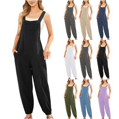 Women's Fashionable Casual Solid Color Sleeveless Vest Cotton Linen Jumpsuit Pocket Overalls
