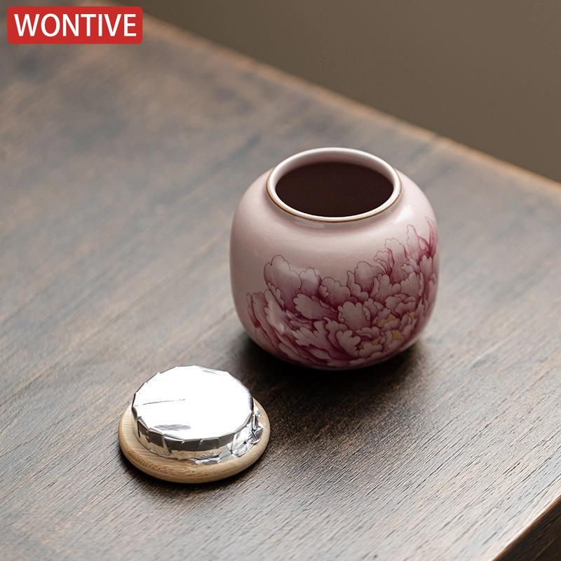 Pink Ru Kiln Peony Tea Canister Household Ceramic Sealed Candy Jar Portable Ceramic Nut Coffee Bean Storage Box Home Jewelry Box