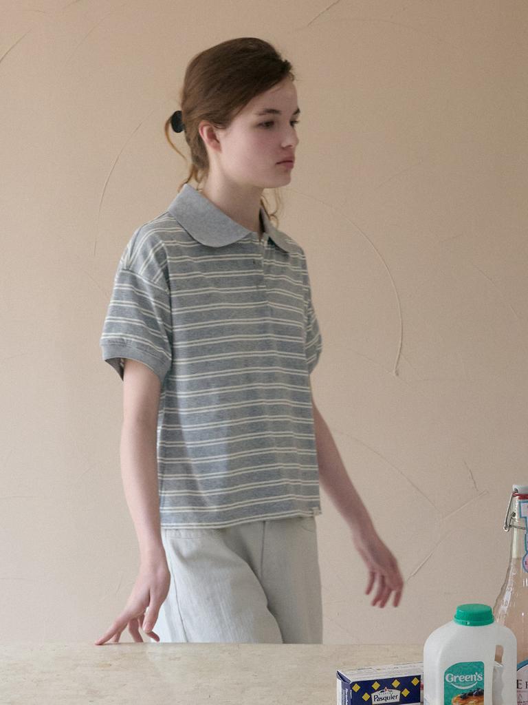 Elssibeui Stripe Polo Collar T-Shirt_Gray