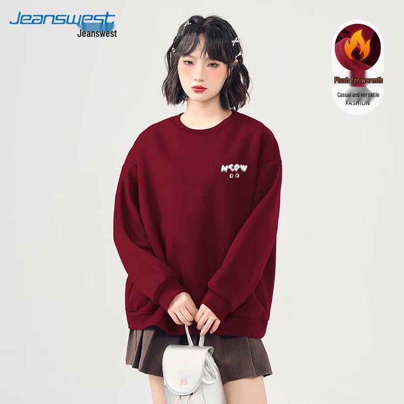 JEANSWEST Women's 2024 Autumn/Winter Heavyweight Fleece Round Neck Sweatshirt
