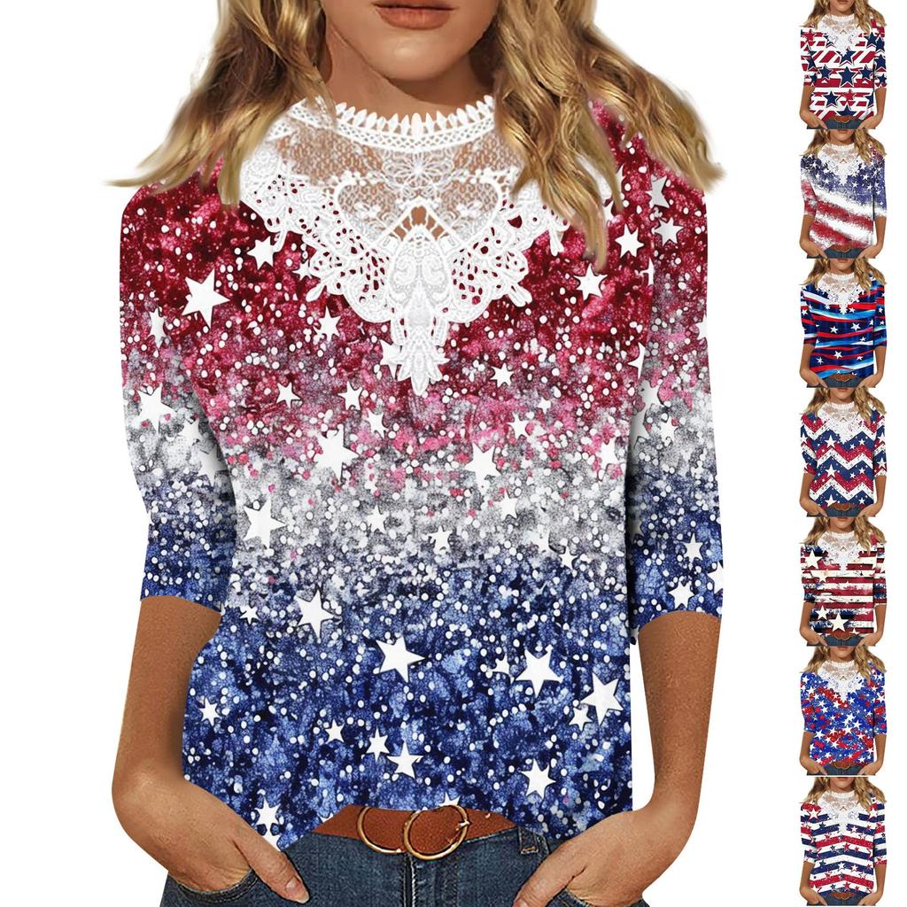3/4 Length Sleeve Womens Tops Casual Loose Fit Lace V-neck T Shirts Cute Print Three Quarter Length Tunic Tops