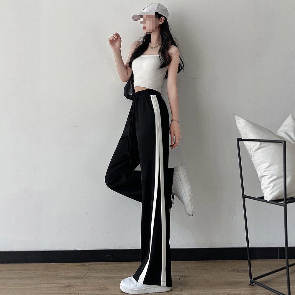 Women's Ice Silk Wide-Leg Sports Pants - Black, Thin, Straight, Loose, Casual Style for Spring, Summer, and Autumn