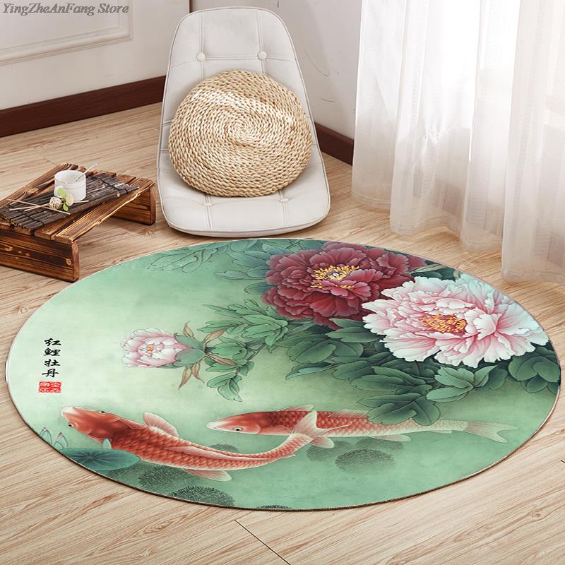 Rond Chinese Stijl Lotus Tapijt Chinese Schilderkunst Kunst Geprint Tapijt Woonkamer Slaapkamer Decoratie Tapijt Bedside Antislip Vloermat