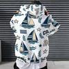 Men Plus Size White Sailboat Printed Long Sleeve Drawstring Hoodie Kangaroo Pocket Pullover