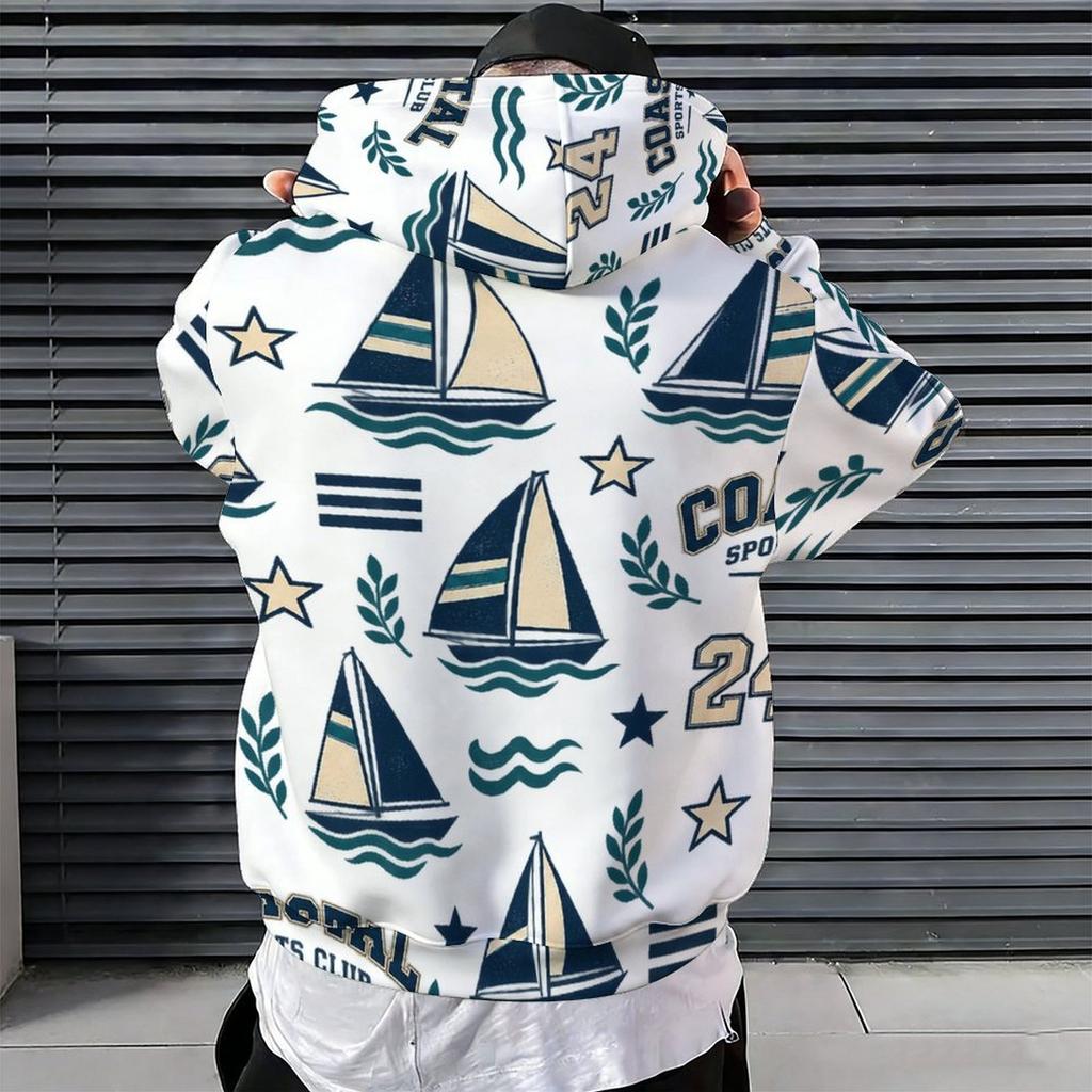 Men Plus Size White Sailboat Printed Long Sleeve Drawstring Hoodie Kangaroo Pocket Pullover