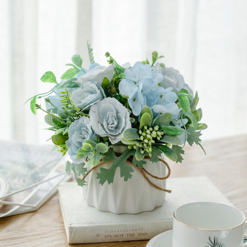 Artificial Flowers with Small Ceramic Vase Faux Roses Plants Eucalyptus Leaves Berries Flower Arrangements Decorations for Home