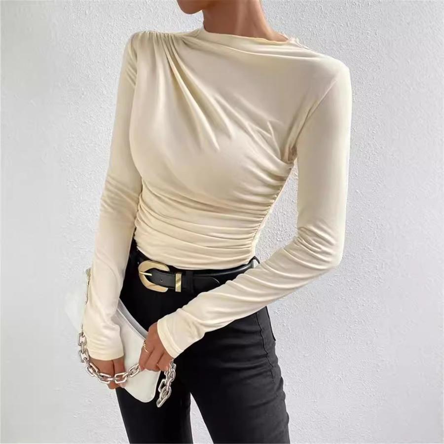 Summer Solid Color Crew Neck Slim Fit Cami Top with Pleated Design Women's Long Sleeve Shirt