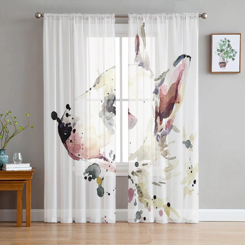 Light Filtering Bulldog Collie Animal Dog Tulle Curtains Living Room Bedroom Decoration Transparent Chiffon Voile Window Curtain Polyester Washable