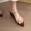Sheepskin~ Pointed Open-toed Sandals Women's Summer Wear Retro Leather Cover Toes with Thick Heels and Cold Slippers