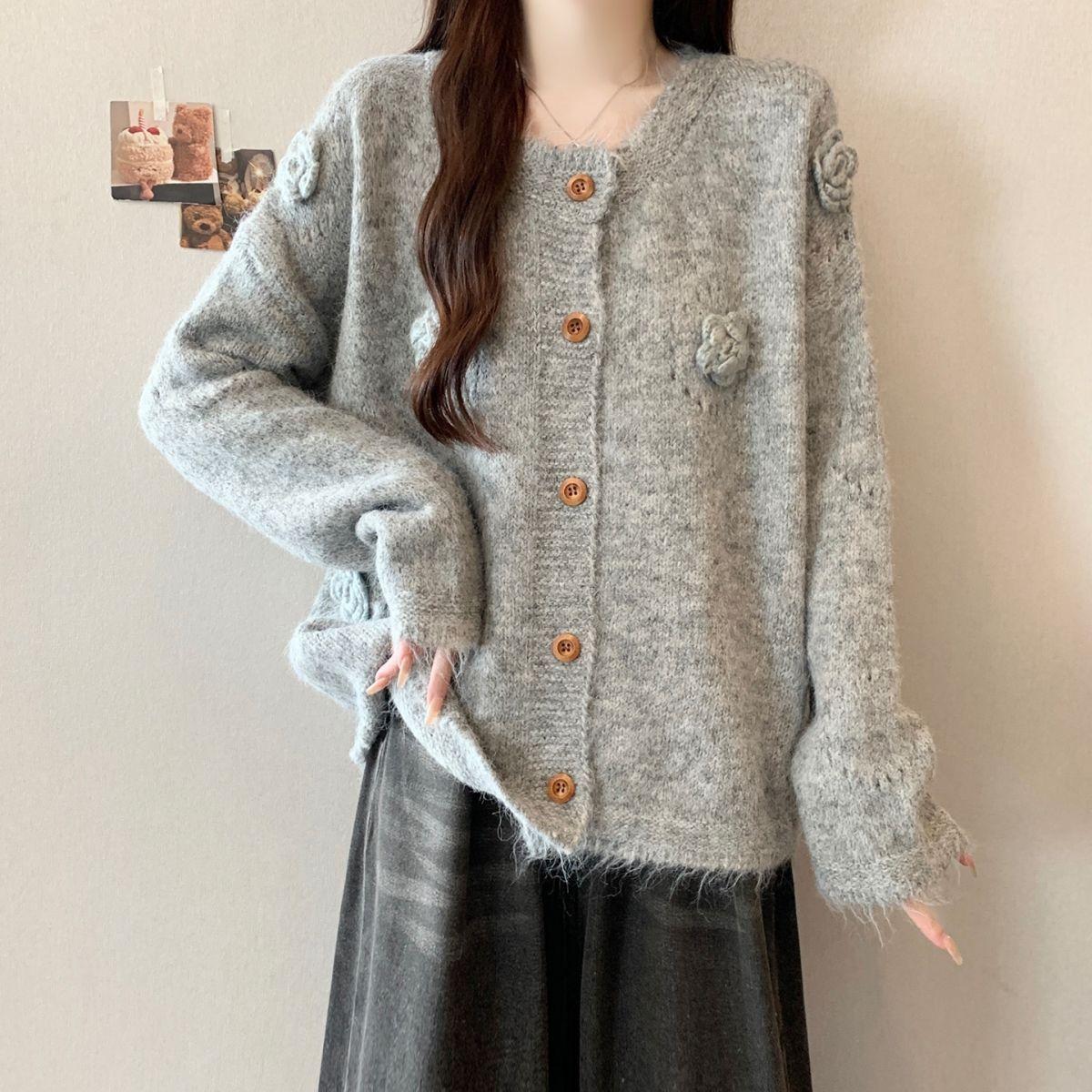 

Women s Cardigan Sweater Knit Cardigan Autumn Knitted Top Korean Style S серый