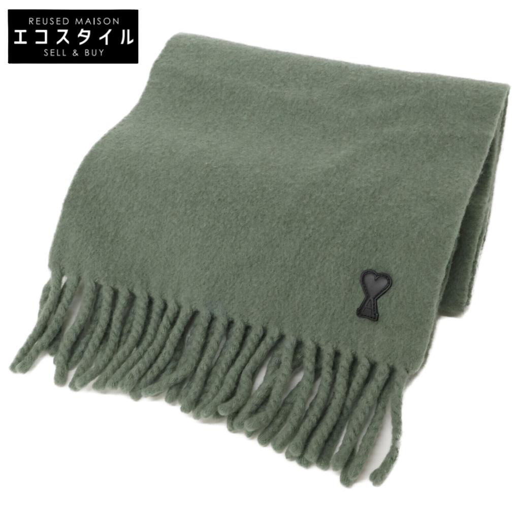 AMIalexandremattiussi USF421.AW0059 Leather Logo Patch Fringe Scarf greenUsed