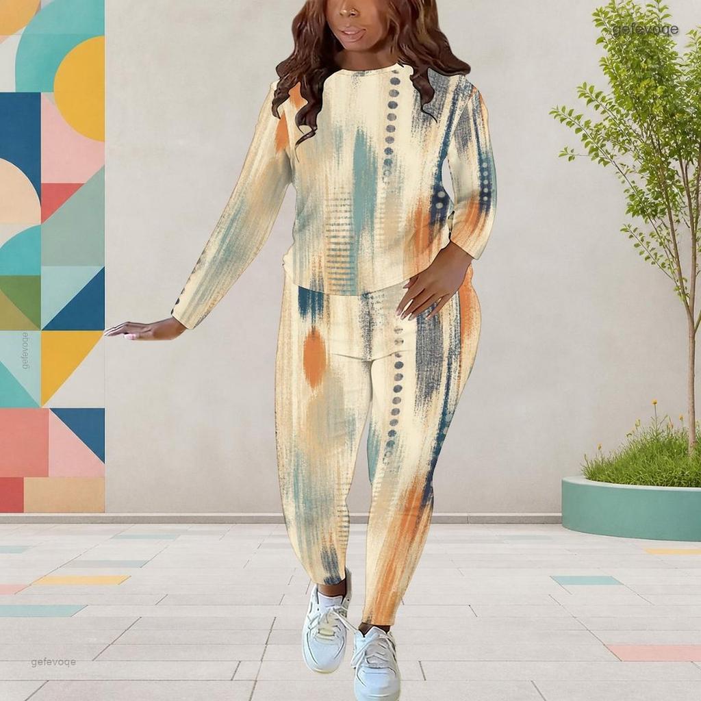 Women Plus Size Round Neck Long Sleeve Printed Fitted Pants Two Piece Set