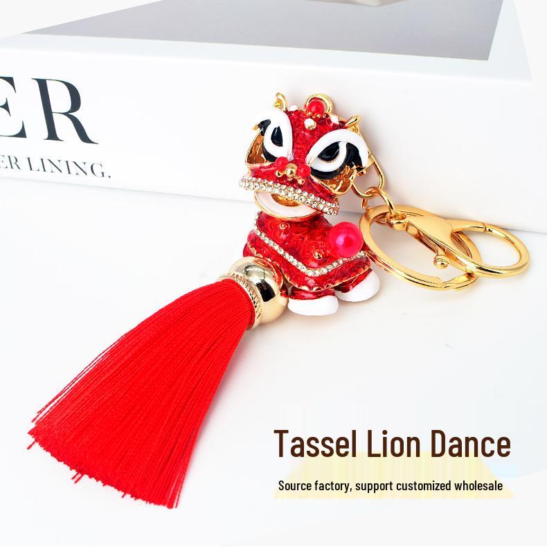 Chinese Red Tassel Dancing Lion Keychain with Rhinestone Charm