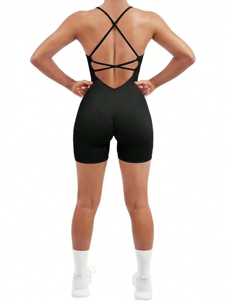 Seamless Peach Butt Yoga Bodysuit with Spaghetti Straps and Open Back