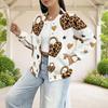 Women Plus Size White Leopard Heart Lock Printed Baseball Collar Long Sleeve Jacket With Pockets