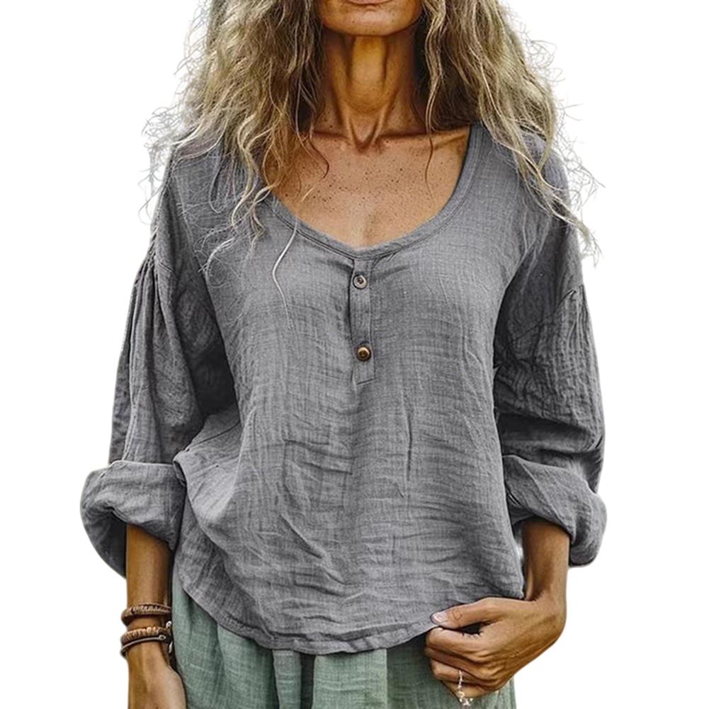 Women s Vintage-Style Loose-Fit Casual Cotton-Linen Long-Sleeve Top M