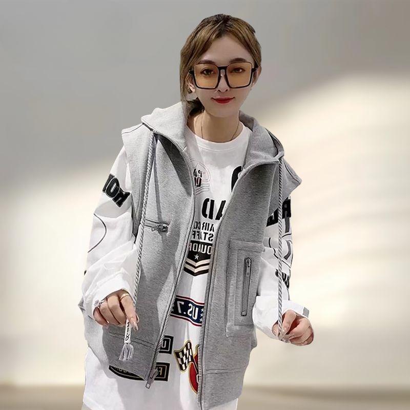 

Женский осенний жилет без рукавов с капюшоном, рабочая одежда, корейский стиль, жилет на кулиске, повседневная уличная куртка 4XL серый