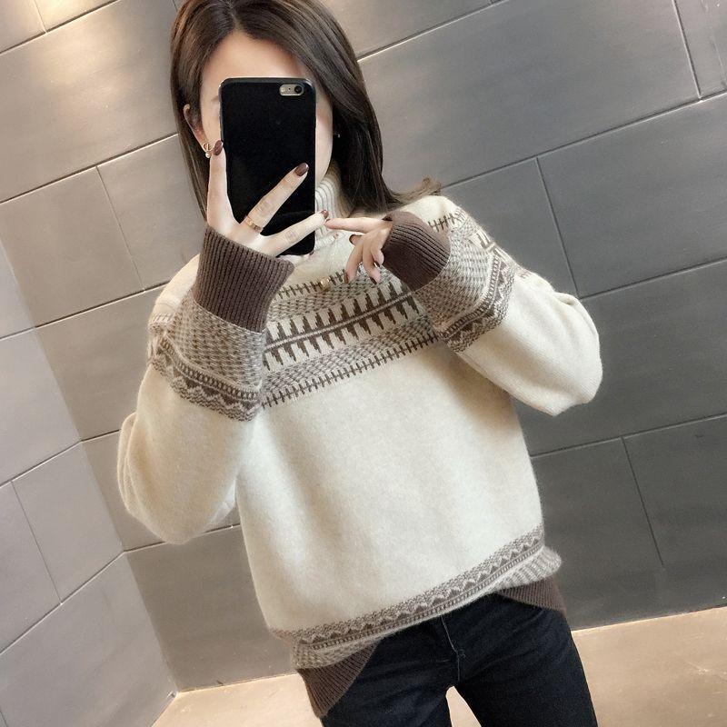 Sweater for Women Autumn Winter Thickened Warm Knitted Stretchy Long Sleeve Striped High Neck Sweater Tops
