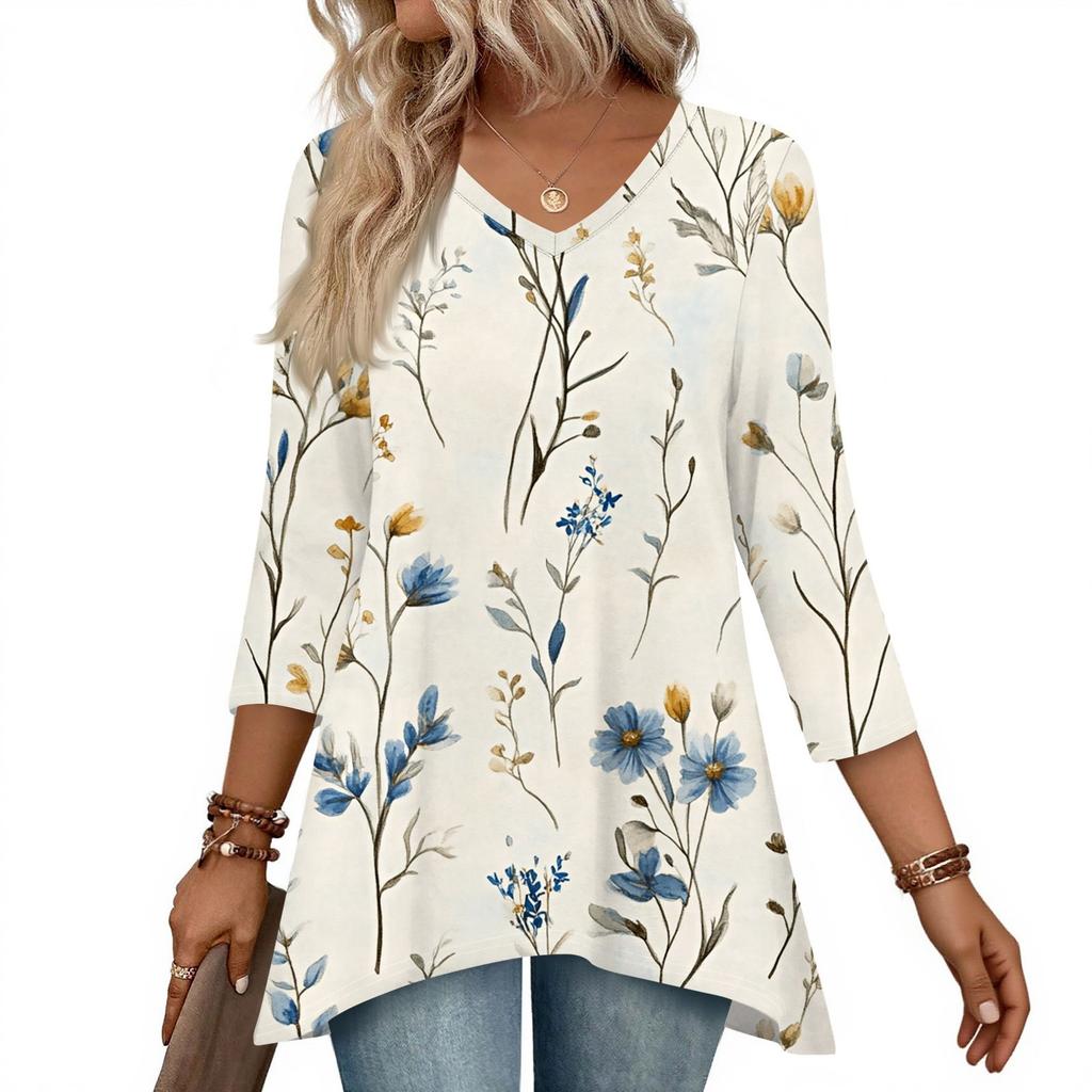 Dámské topy s výstřihem do V a 3/4 rukávem, ležérní košile střední délky, módní tuniky s potiskem
