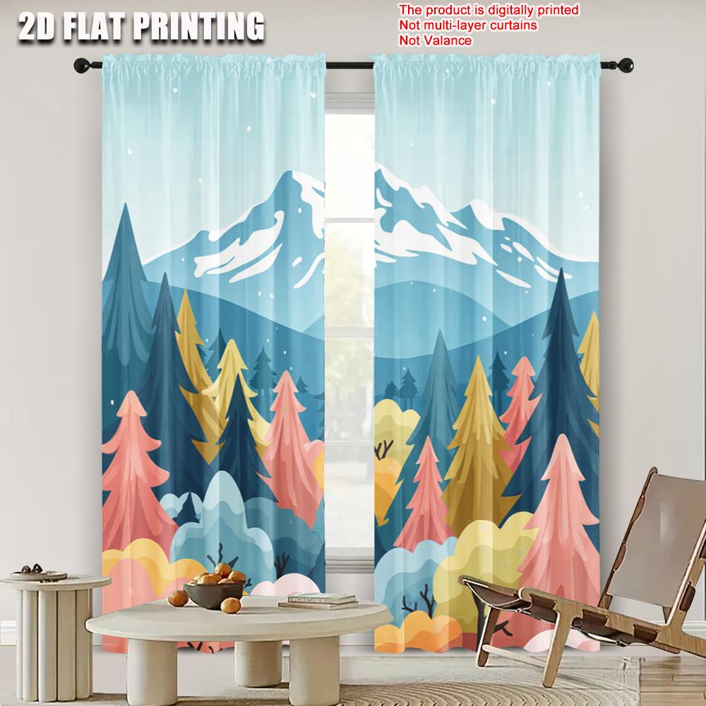2pcs   2D flat printing Curtain colored trees Versatile Polyester Fabric  Without Electricity Festive Backdrops for Holiday