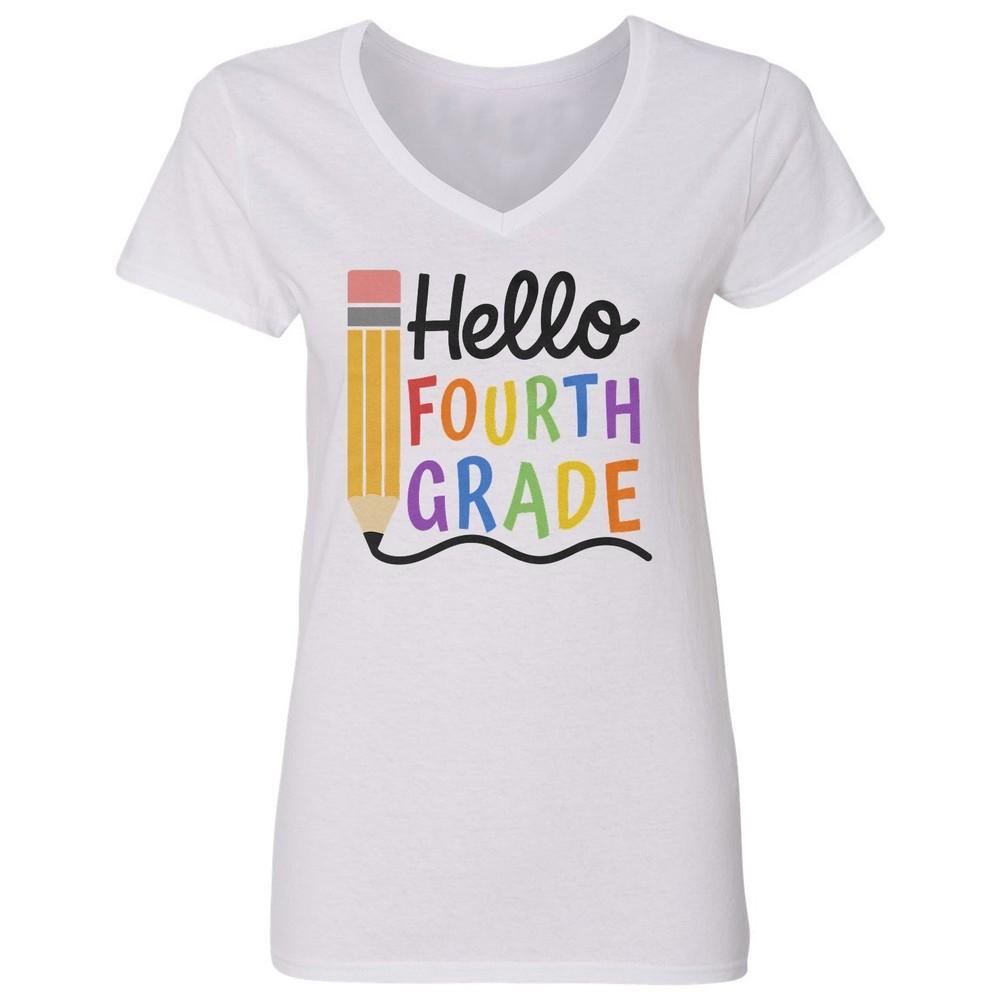 Hello Fourth Grade - Pencil Back To School Teacher Ladies  V-Neck Tshirt Unisex T-Shirt XL