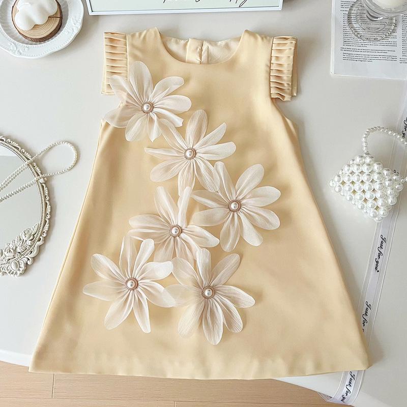2026 Korean-Style 3D Petal Pleated Sleeveless Satin Dress for Girls