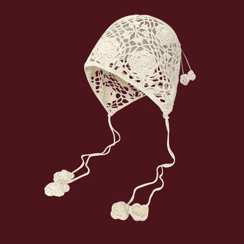 Fashion Handmade Weaving Hollow Out Beanie Hat Woman Autumn Hook Flower Korean Style Pearl Tassels Pullover Knitted Hat