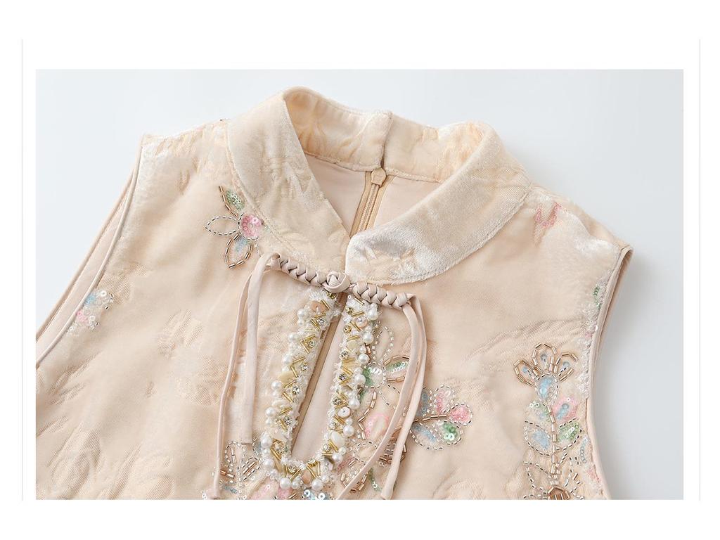 Retro Chinese A-line Sleeveless Floral Dress with Wave Bead Embroidery - Summer Edition P0165