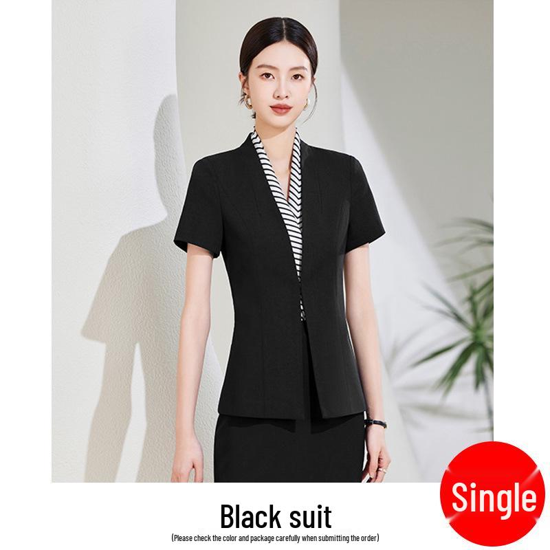 Chic Black Short-Sleeved Collarless Suit Set: Professional Workwear for Sophisticated Women
