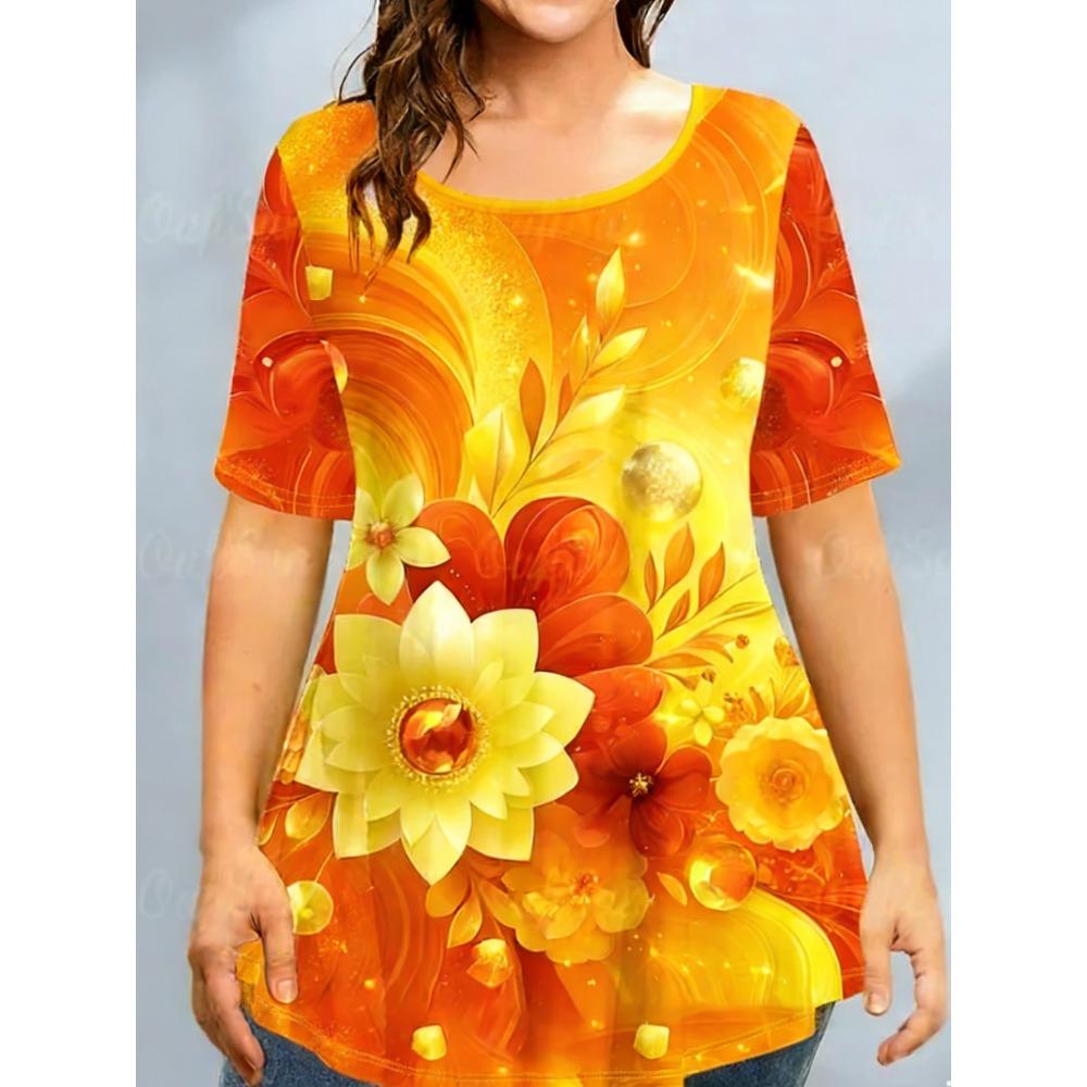 Ladies Summer Colorful Flower Butterfly Printed Large Loose Casual T-shirt Fashionable Comfortable Soft Breathable Short Sleeved T-shirt