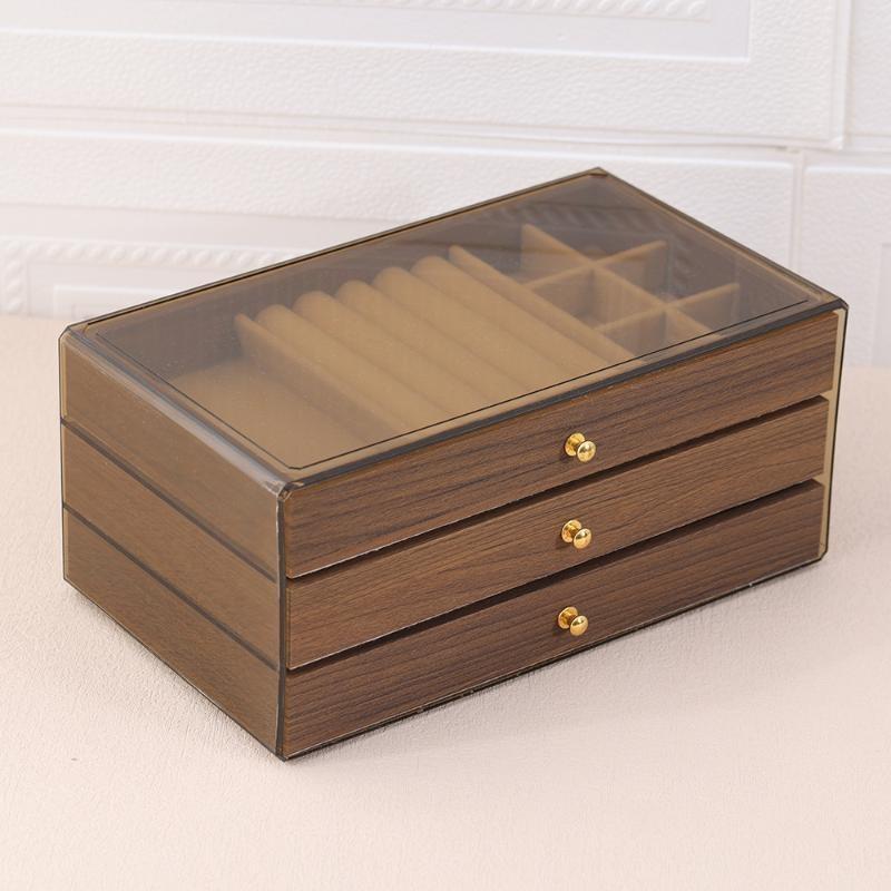 Five Layer Wood Grain Jewelry Box Multi Grid Drawer Storage Case For Earrings Rings Necklaces Bracelets Desktop Organizer