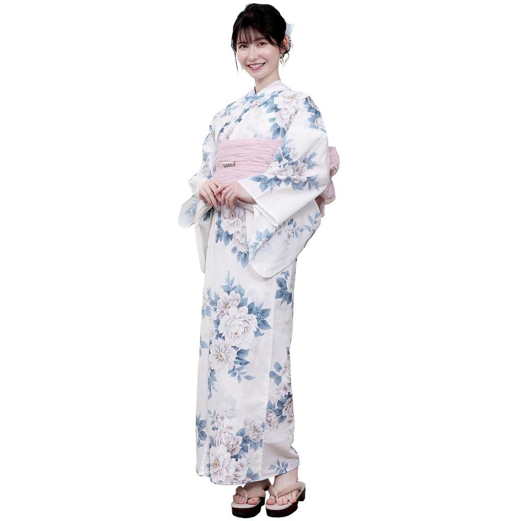 Kyoto Kimono Yuzen Women's Yukata and Obi Set, 2-Piece Floral Summer Kimono (Ivory with Peony)