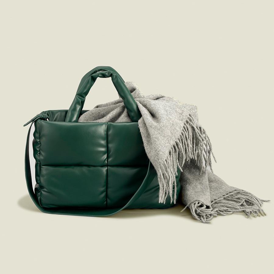 Women's PU leather padded bag woven soft casual white feminine cotton padded shoulder bag