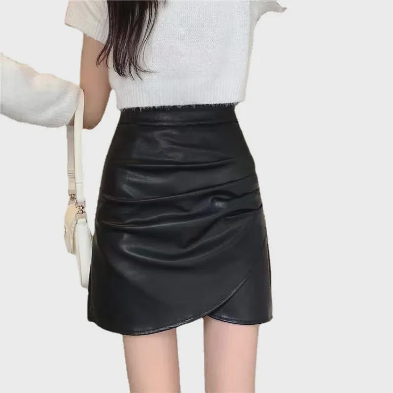 Fustă Neagră A-Line din Piele PU cu Talie Înaltă pentru Femei - Tiv Neregulat, Colecția Primăvară/Toamnă/Iarnă 2024
