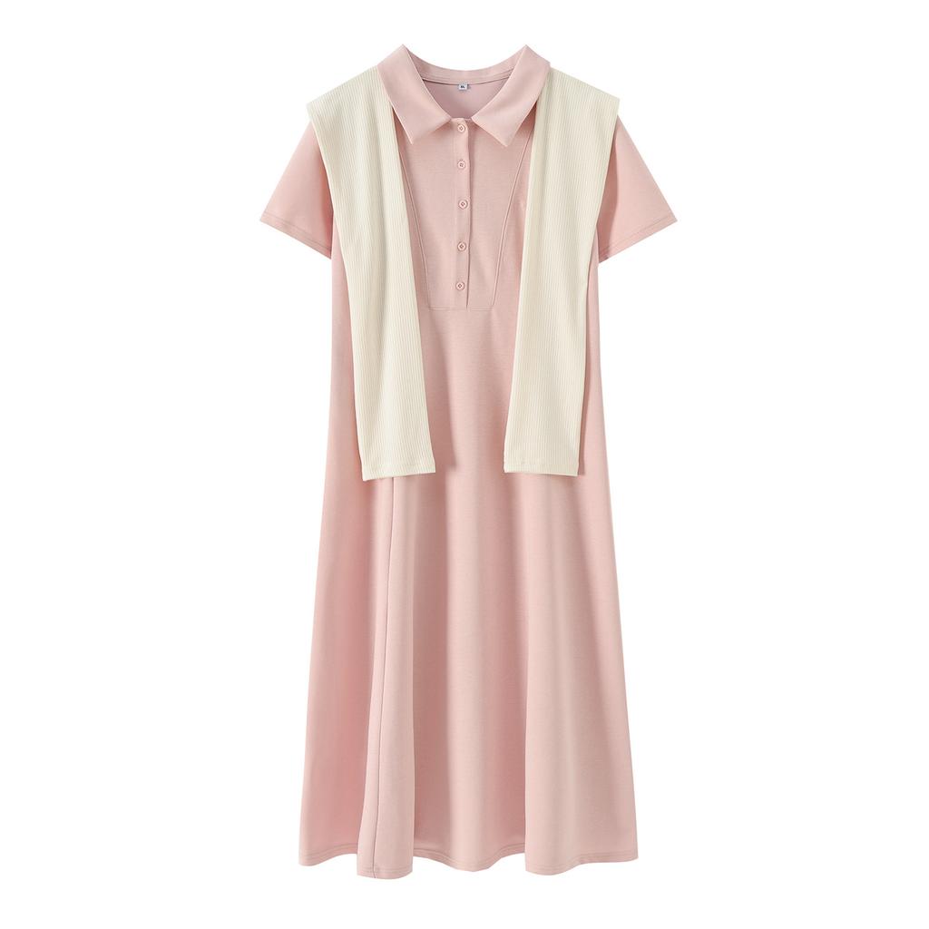 Large Size Women's College Style Shawl Polo Collar Dress 2026 Summer Waist and Thin Dress 214366