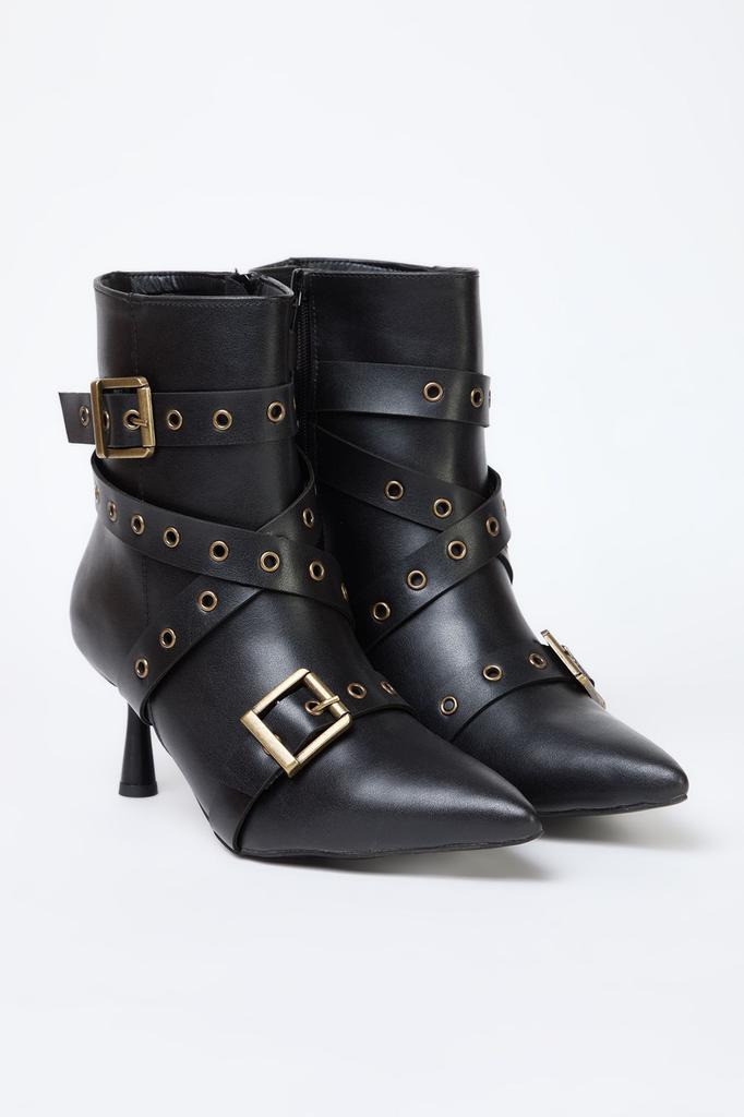 Black Eyelet and Antique Buckle Detailed Thin Heel Women's Boots