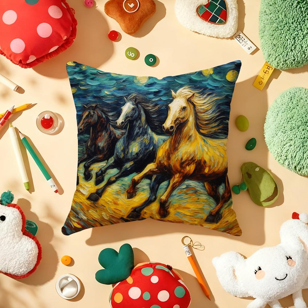 Oil Painting Horse Cushion Cover Plush Fabric Soft Double-Sided Printed Sofa Warm Winter Home Gift Pillow Cover