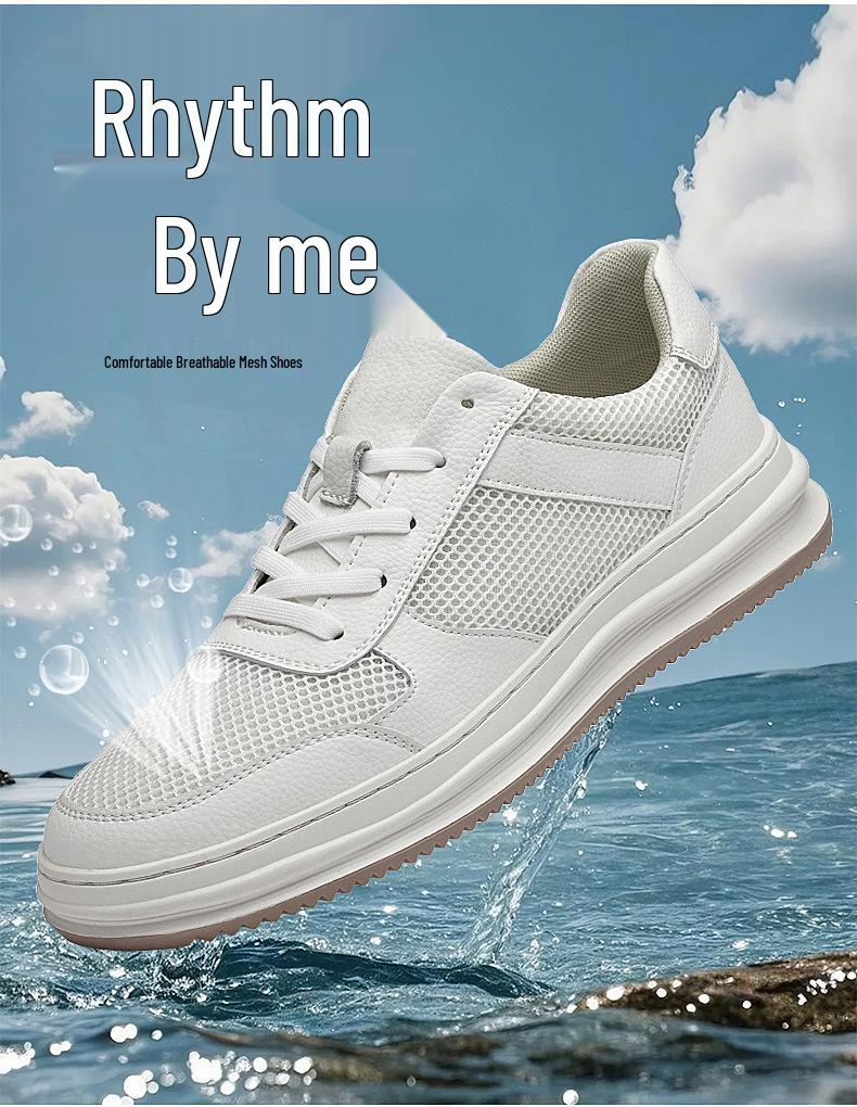 New Men's Breathable Mesh White Sneakers: Thick Sole, Round Toe, Lace-Up, Versatile for Casual and Work Wear