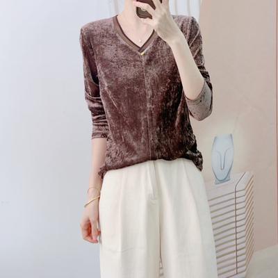 Autumn New Brand Counters Fashion Temperament Velvet V-neck Simple Long Sleeve Velvet Small Shirt