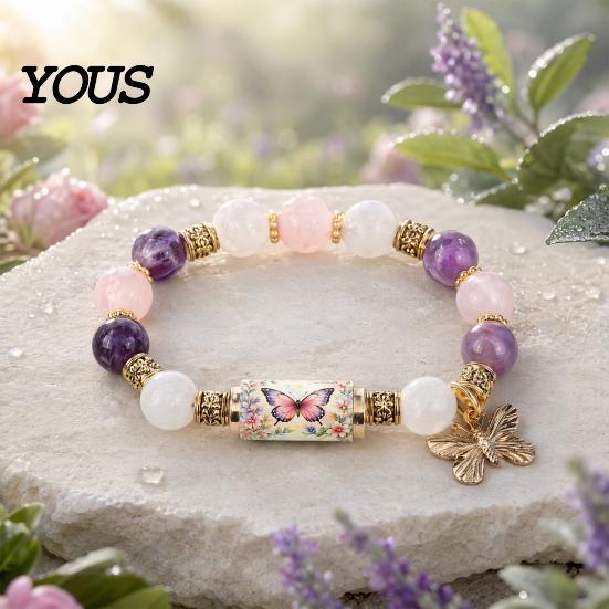 Warm White Bead Bracelet Love Peace Spring Bracelet, Inspirational Bee Bluebird Butterfly Nature Inspired for Women, Jewelry Charm Beads