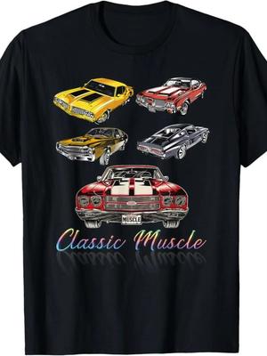 Retro Men's 100%Pure Cotton Breathable Black Classic Car with Muscle Text Printed Round Neck Short Sleeved Unisex Casual T-shirt