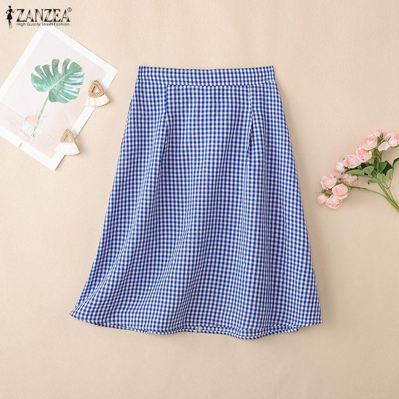 ZANZEA Women Loose Casual Grid Print A-Line Skirts