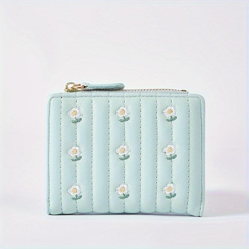 Sweet Style Women's Bi-fold Mini Wallet With Flower Embroidery, Cash Pocket With Card Holder Coin Purse With ID Window