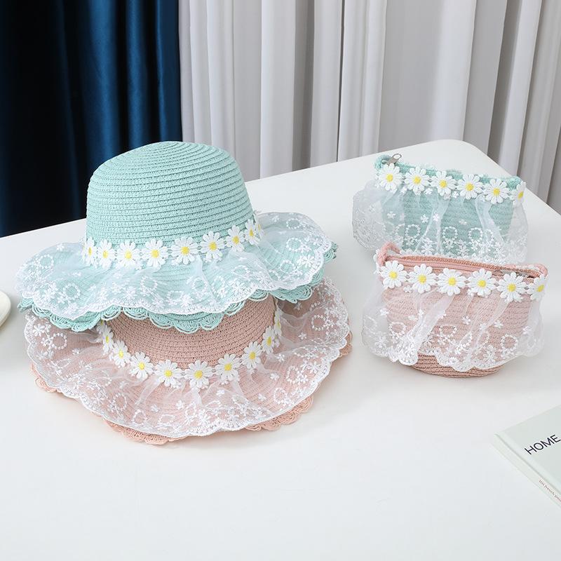New Baby Straw Hat With Handbag Flower Lace Breathable Beach Hat Bags Kids Hat Boy Girls Floral Sun Visor