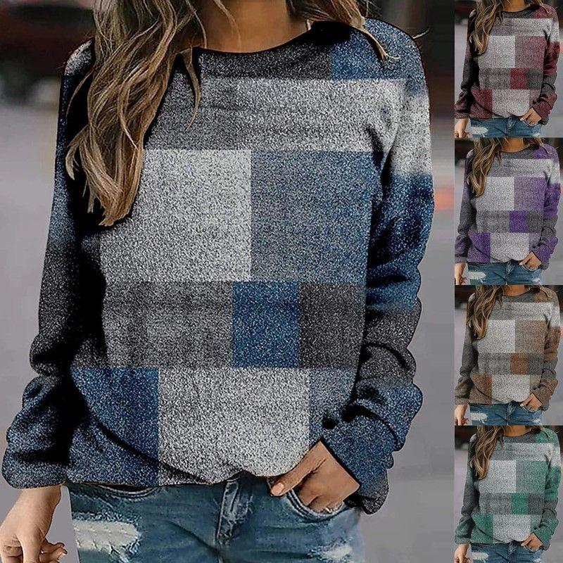 Plaid Printed Long Sleeve Round Neck Sweater Gingham Floral Print Long Sleeve Pullover