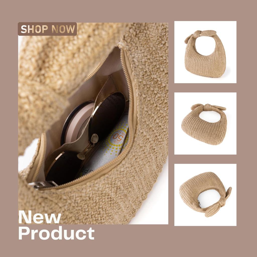 EZ PEACH Women's Paper Straw Knit Bag, ClutchShoulder Bag, Lightweight, Crescent Bag, Perfect for the Beach, Travel, Summer, Fireworks Festivals,