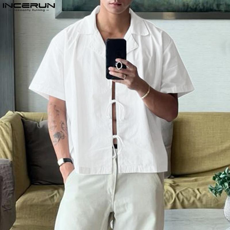 

INCERUN Summer Men Turn Down Collar Front Bandage Casual Loose Shirts M белый
