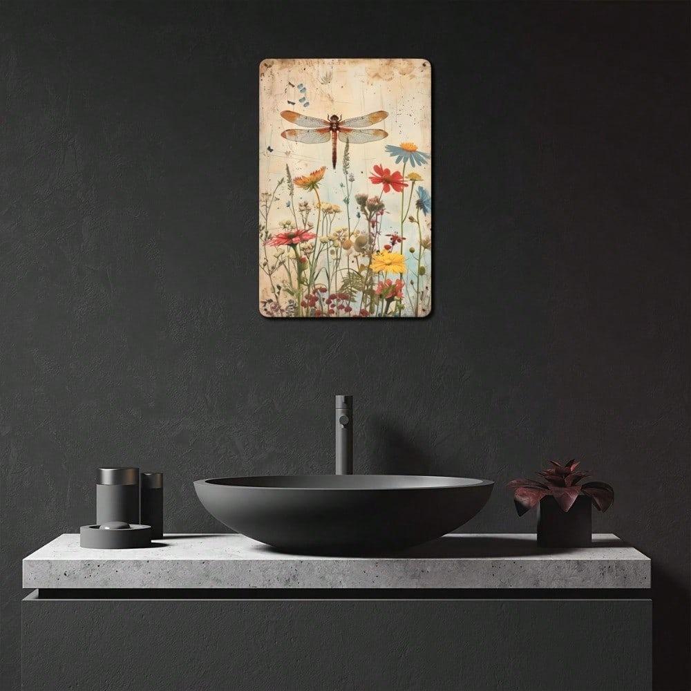 Vintage Floral Dragonfly Tin Sign Wall Decor Metal Plaque for Home Kitchen Bar Cafe